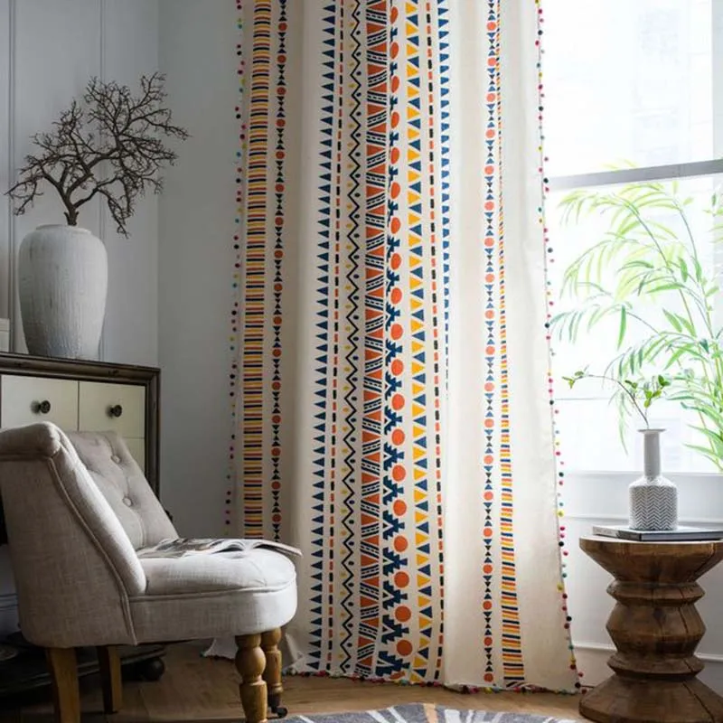 

Yaapeet Geometric Semi-Blackout Window Curtains Bohemian Cotton Linen Curtain Pom Pom Design Living Room & Bedroom Decor pc