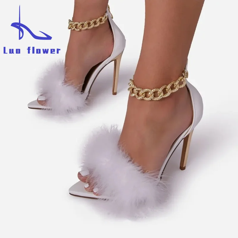 

2022 Summer New Metal Chain Sexy Women's Sandals Pointed Toe high heeled Plush Sandals Women's Large Size High-heeled Sandals T