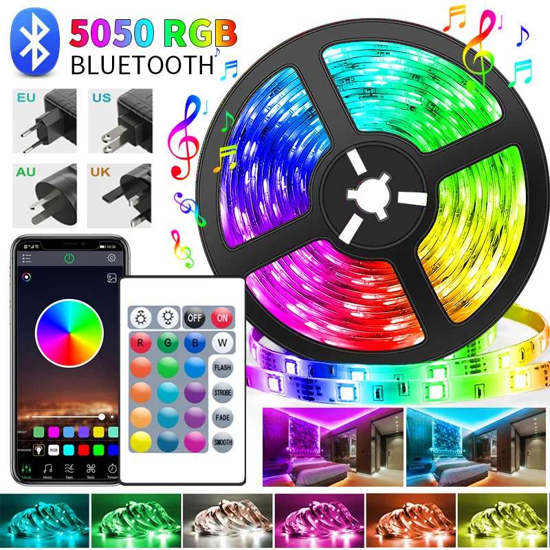 

LED Strip Lights 20M RGB 2835/5050 SMD 5M RGB LED Light Bluetooth Lamp Flexible Ribbon RGB Tape Diode DC 12V APP Control+adapter