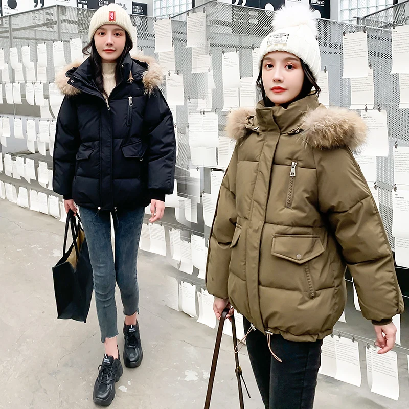 2022 New Women's Short Cotton Padded Coats Detachable Hood Raccoon Fur Collar Parkas Thick Warm Student Outerwear Loose Tops
