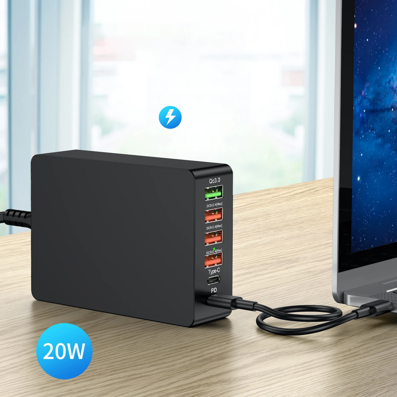 Блок быстрой зарядки, 60 Вт, умное зарядное устройство Usb 6 в 1, адаптер Usb 2.0 Type-c Pd20w, зарядка с несколькими портами, 5 В, 2 А, разъем питания