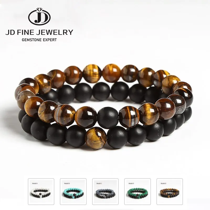

JD 2pcs/Set Couples Distance Black White Natural Stone Lava Tiger Eye Bead Bracelet for Men Women Elastic Rope Yoga Jewelry Gift