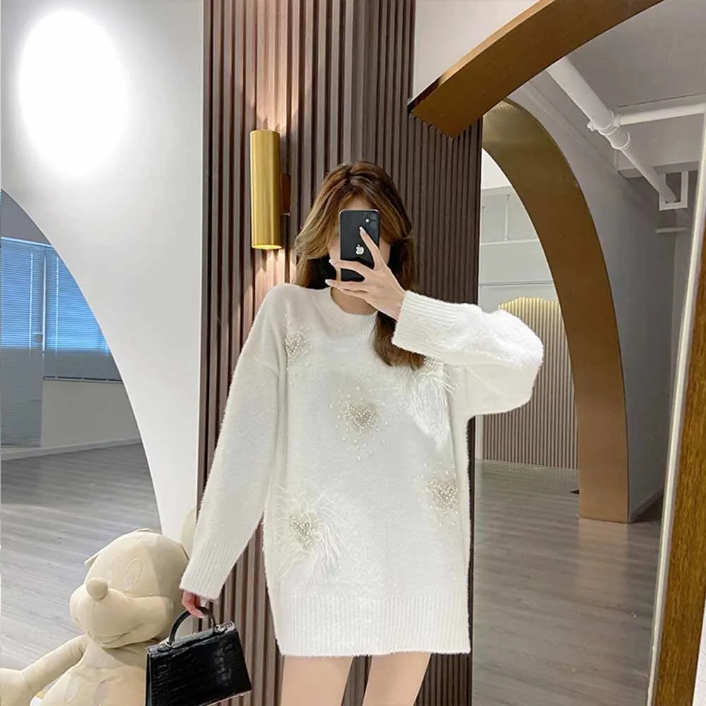 

Knit Pearls Beading Off Shoulder Beaded Sweater Chic Sweters Women 2022 Autumn Winter Sexy Women Pullover Pull Femme