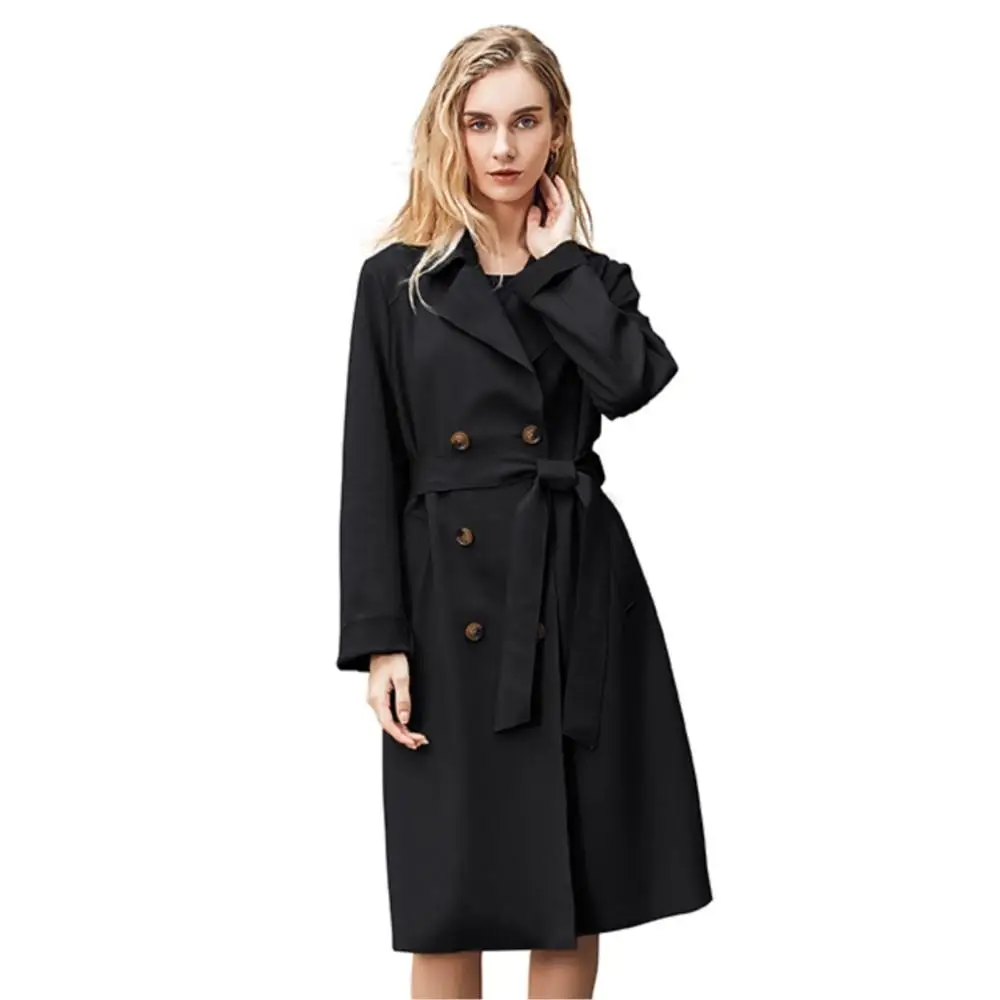 Women Winter Double Breasted Trench Real Leather Coat Long Lapel Belted Jacket Leisure Designer Thermal Pure Color Windbreake