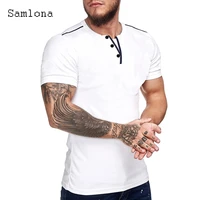samlona 2022 summer new sexy lace up t shirt men fashion tie dry shirt clothing short sleeve basic top casual skinny pullovers