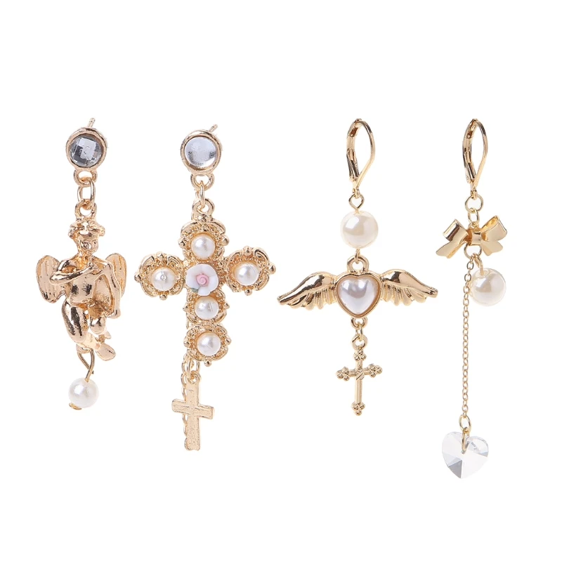 

Fashionable Jewelry Decor Golden for Cross Angle Wing Drop Earrings Imitation Pearl Pendant Dangle Earrings Gift for Wom