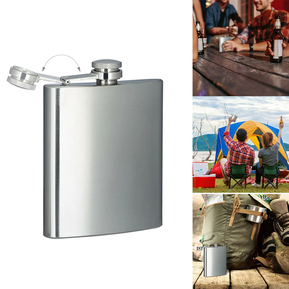 

Фляжка Flagon, колпачок, воронка для поилки, кожаный карман для ликера, портативный винт для кастрюли, серебристый, 1 шт., нержавеющая сталь, 200 мл