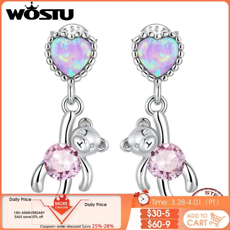 

WOSTU 925 Sterling Silver Delicate Heart Opal Pink Bear Dangle Drop Earrings For Women Wholesale Ear Studs S925 Fine Jewelry New