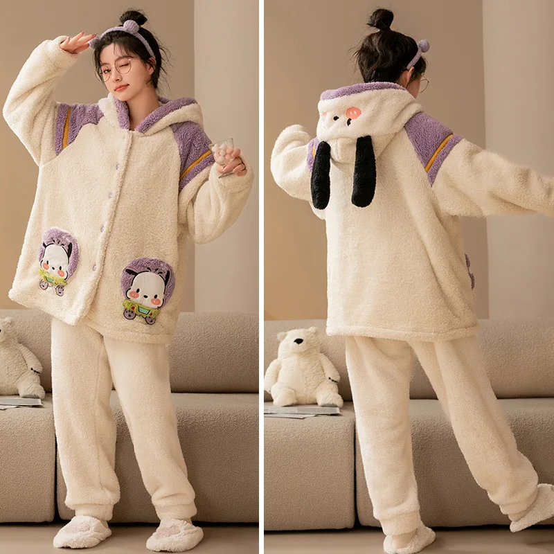 

2023 New Kawaii Sanrio Kuromi Pachacco Anime Ladies Plush Pajamas Winter Cartoon Cute Loose Long-sleeved Homewear Suit Girl Gift