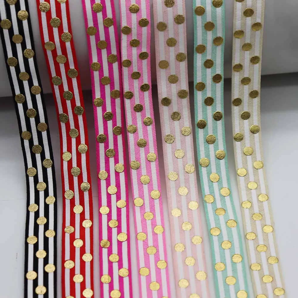 

5/8" 15MM Gold Foil Big Dots With White Line Printed Fold Over Elastic FOE Ribbon For Ponytail Hair Tie Hair Accessories Headwea