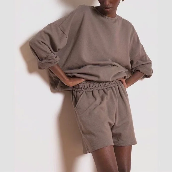 

2021 Spring and Summer Pure Color Simple Casual Loose Sweater Five-point Shorts Sports Suit Streetwear Women