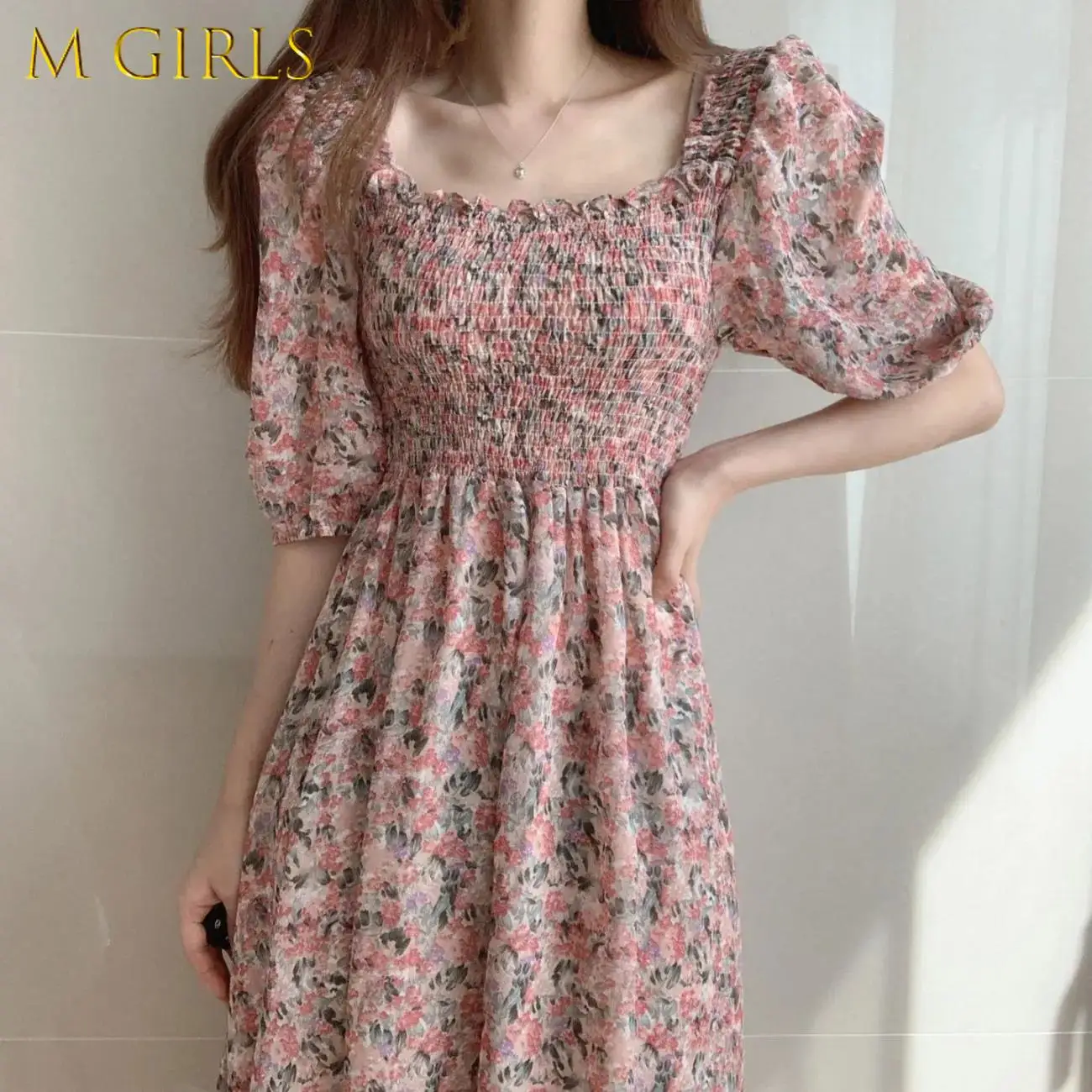 

Short Sleeve Dress Women A-line Elegant Flower College Holiday Popular Student Korean Style Summer Lovely 2021 Sundress Casual