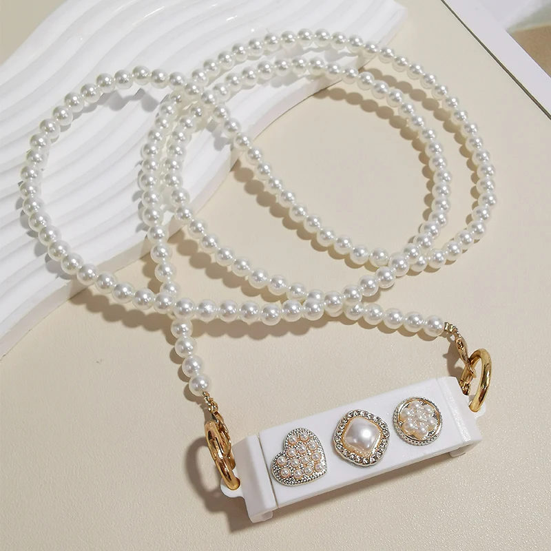 

Shoulder and Back Simple Square Pearl Phone Clip Pearl Heart Flower Chain Mobile Phone Lanyard Case Universal Phone Strap Charm