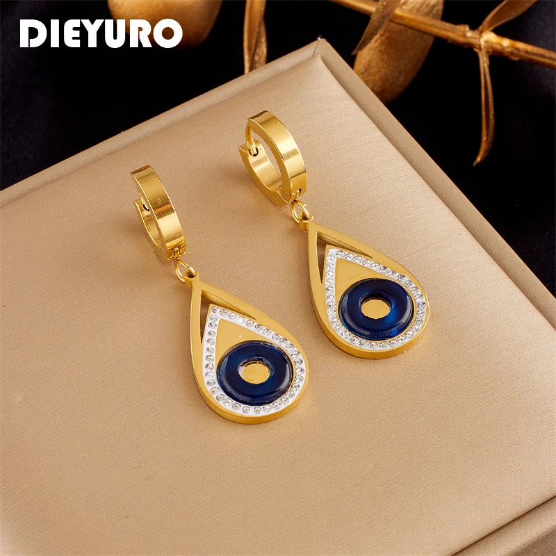 

DIEYURO 316L Stainless Steel Water Drop Shaped Blue Crystal Hoop Earrings For Women New Trend Girls Ear Buckle Jewelry Gifts