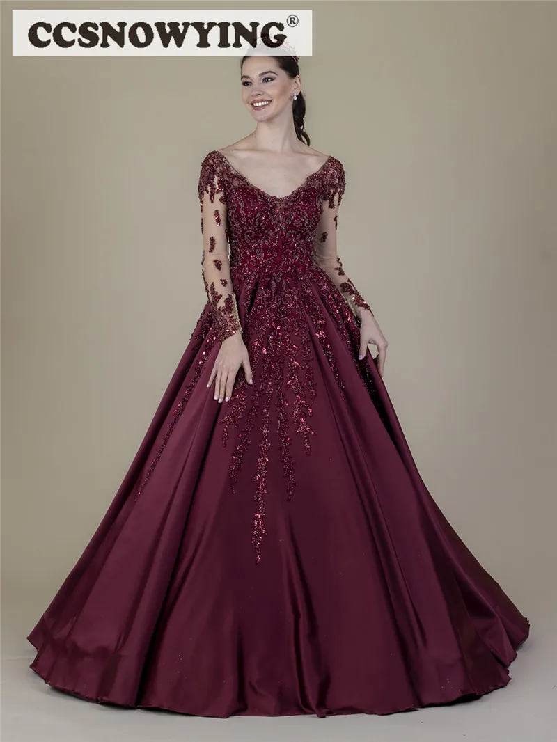 

Роскошные бордовые вечерние платья с длинным рукавом, бальное платье для выпускного вечера, официальное платье с V-образным вырезом, атласн...