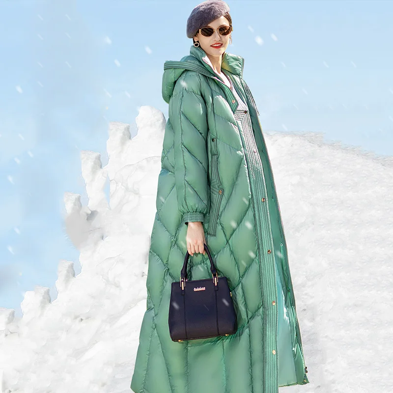 -20 Degree Winter Super Long Down Jackets Women Hooded Thick Warm Coat With Belt Waterproof Fashion Loose Female Puffer Jacket