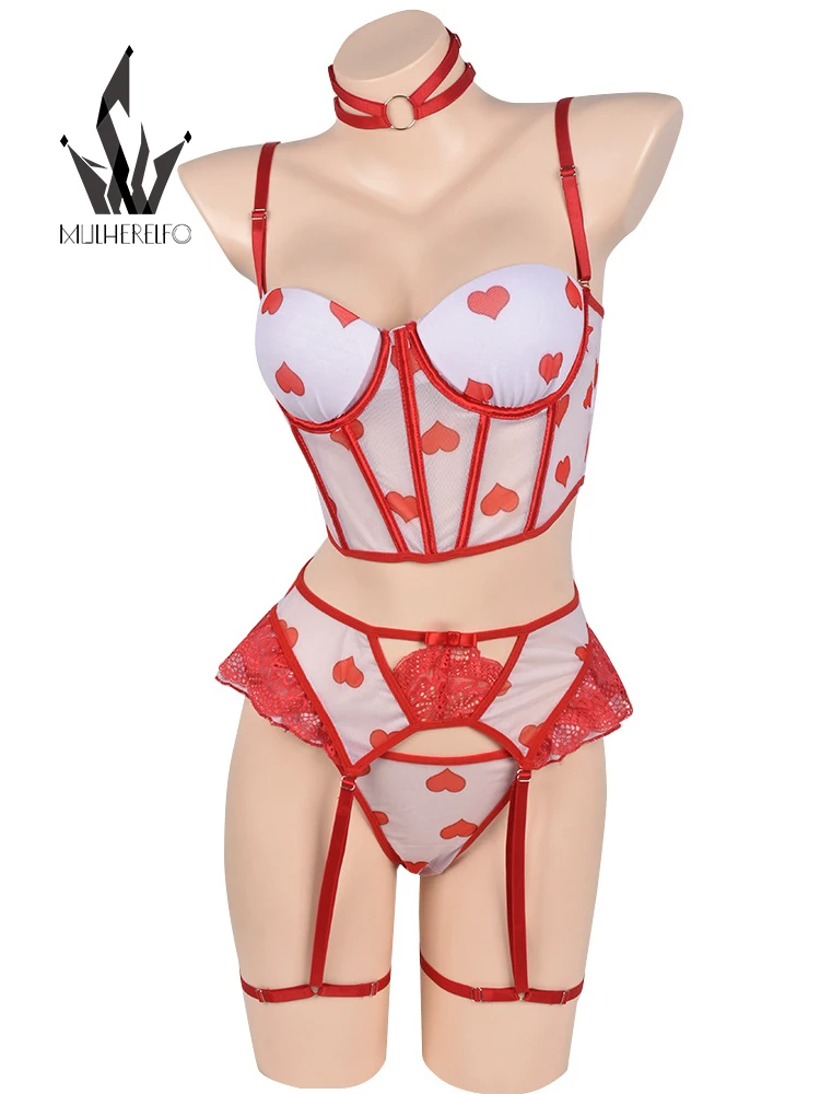 Mulherelfo Lingerie For Women Heart Print Erotic Ruffles Garter Fancy Underwear Sexy G-String Thongs Red Lace 4-Pieces Outfits