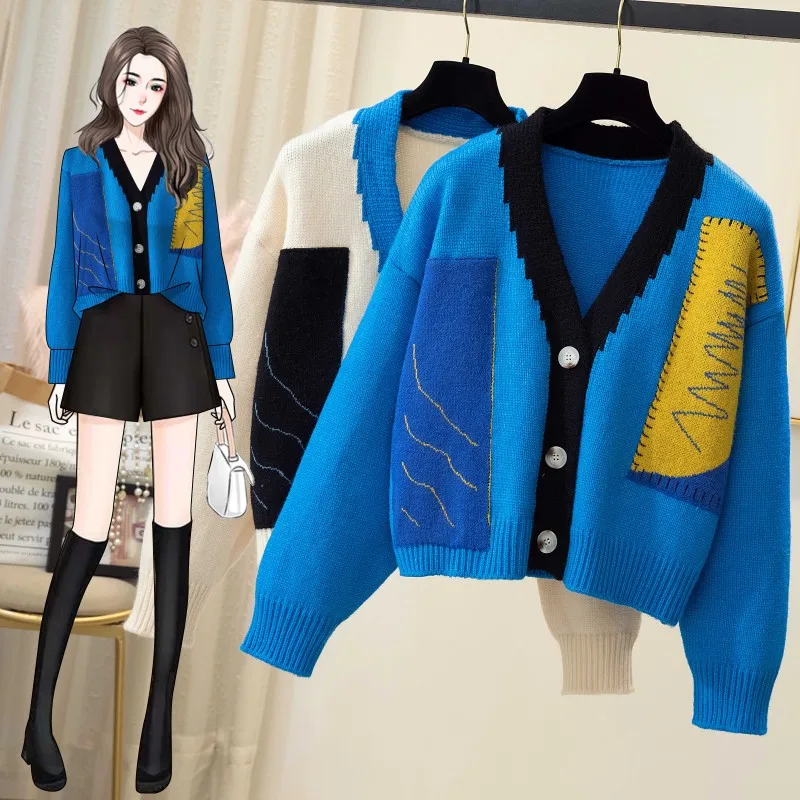 

Patchwork Woman Sweater Coat Korean Hit Color Causal Knitted Cardigans 2022 Autumn New Long Sleeve V-neck Knitwear Outwear Tops