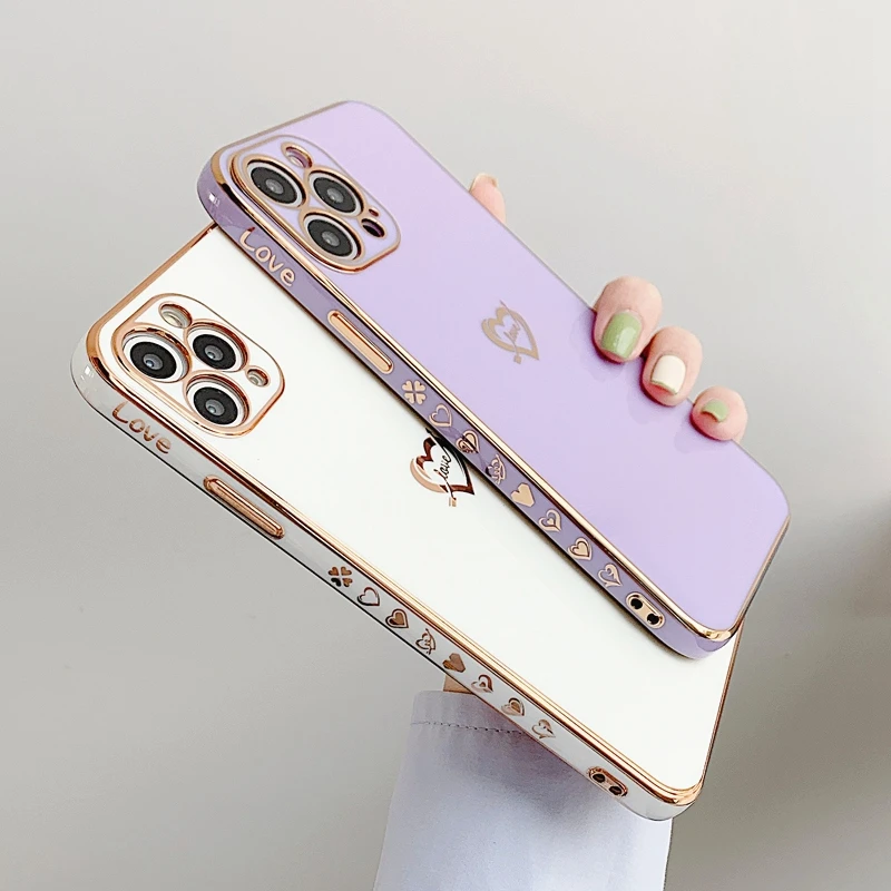 

Electroplated Love Heart Phone Case For iPhone 11 12 Pro Max XS X XR 7 8 Plus Mini SE 2020 Soft Silicone Bumper Back Cover