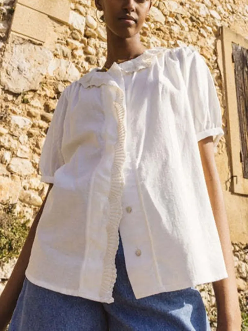 

Женская белая рубашка с вышивкой и оборками, лето 2022, женские однобортные свободные фонарики