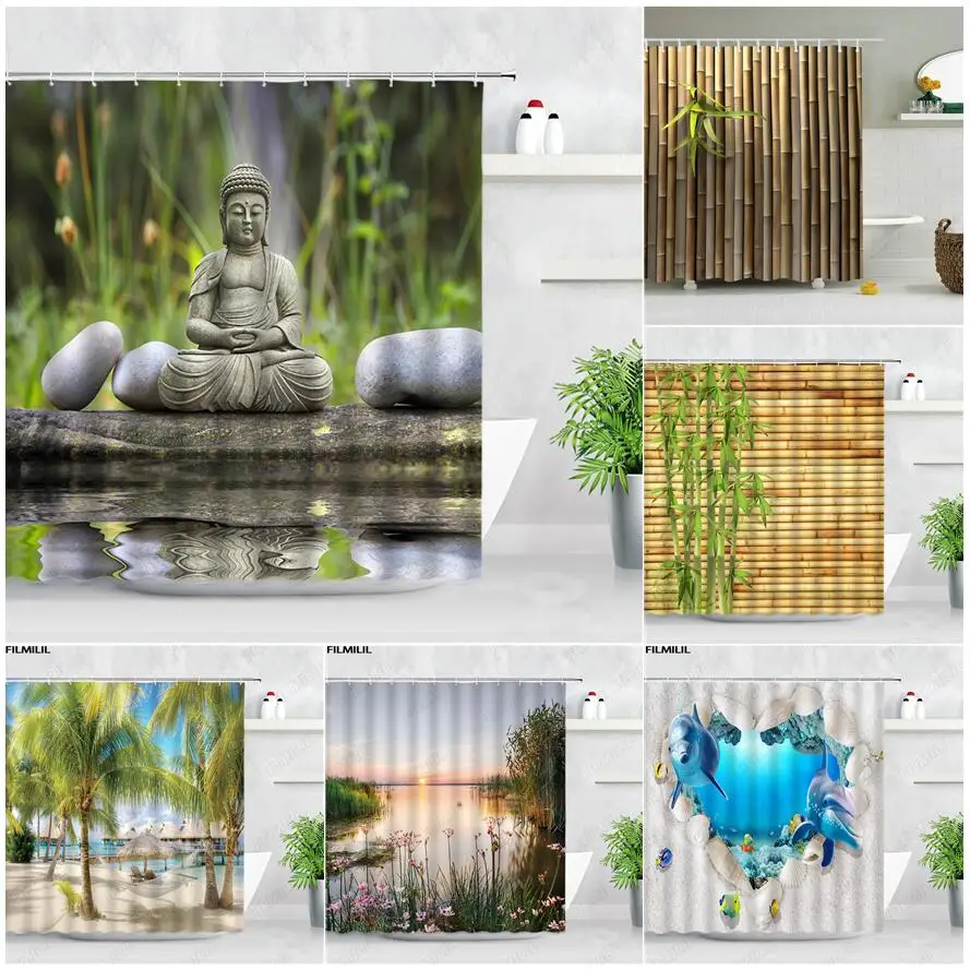 Zen Buddha Green Bamboo Shower Curtain Palm Trees Beach Ocean Flower Plant Nature Landscape Wall Hanging Bathroom Decor Curtains