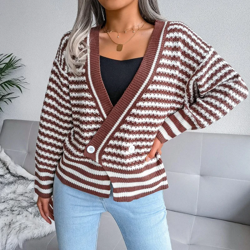 

Женский осенне-зимний свитер, Свободный пуловер с длинным рукавом, двубортный асимметричный дизайн, вязаное пальто в полоску с V-образным вырезом для женщин