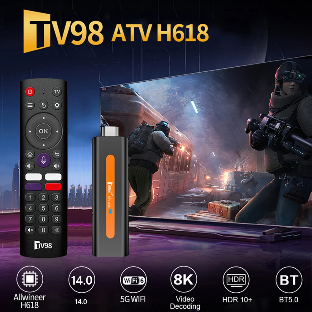 Android 14 TV Stick TV98 ATV Box 2 4G и 5G Dual WiFi BT5.0 Видео Set Top Медиаплеер HD 4K 2K Голосовой пульт