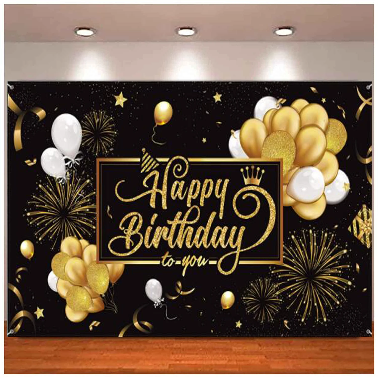

Happy Birthday Party Backdrop Banner Black Gold Balloon Star Fireworks Poster For Men Women 30th 40th 50th 60th 70th 80th Decor