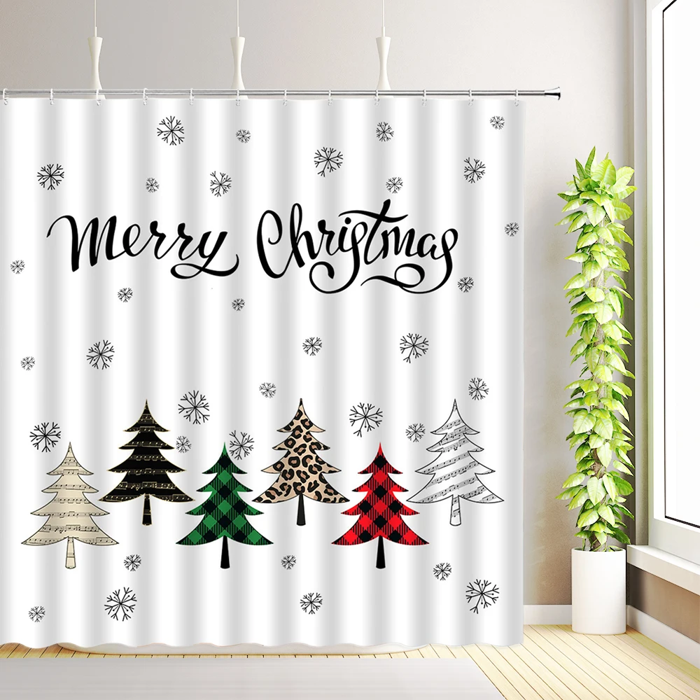 

Merry Christmas Shower Curtain Buffalo Check Plaid Xmas Tree Reindeer Snowflakes Winter Farmhouse Bathroom Curtains Fabric Decor