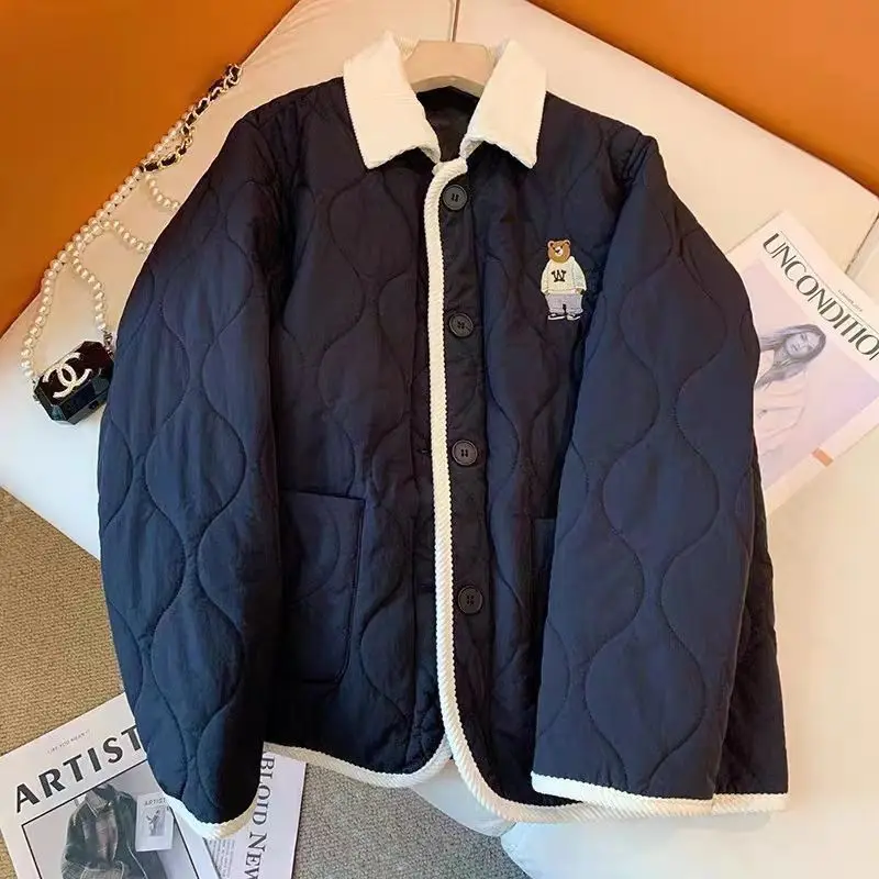 

EBAIHUI корейский маленький медведь Вышивка женское хлопковое пальто новое короткое однотонное Женское пальто осень/зима милое поло карманы Топы