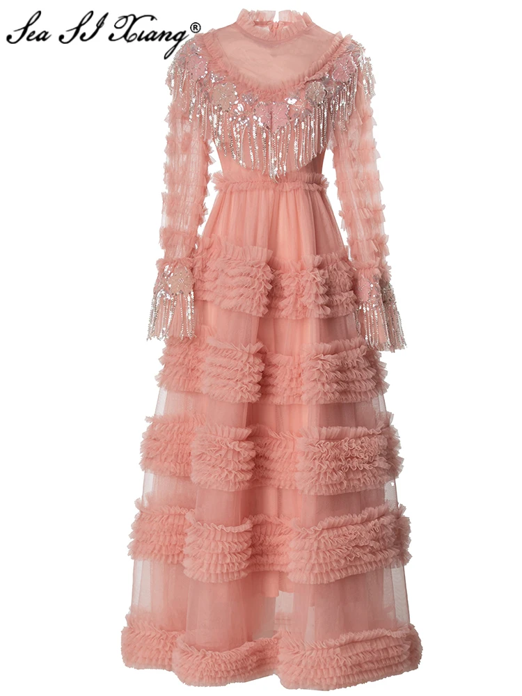 Женское длинное Сетчатое платье Seasixiang дизайнерское бальное с круглым вырезом