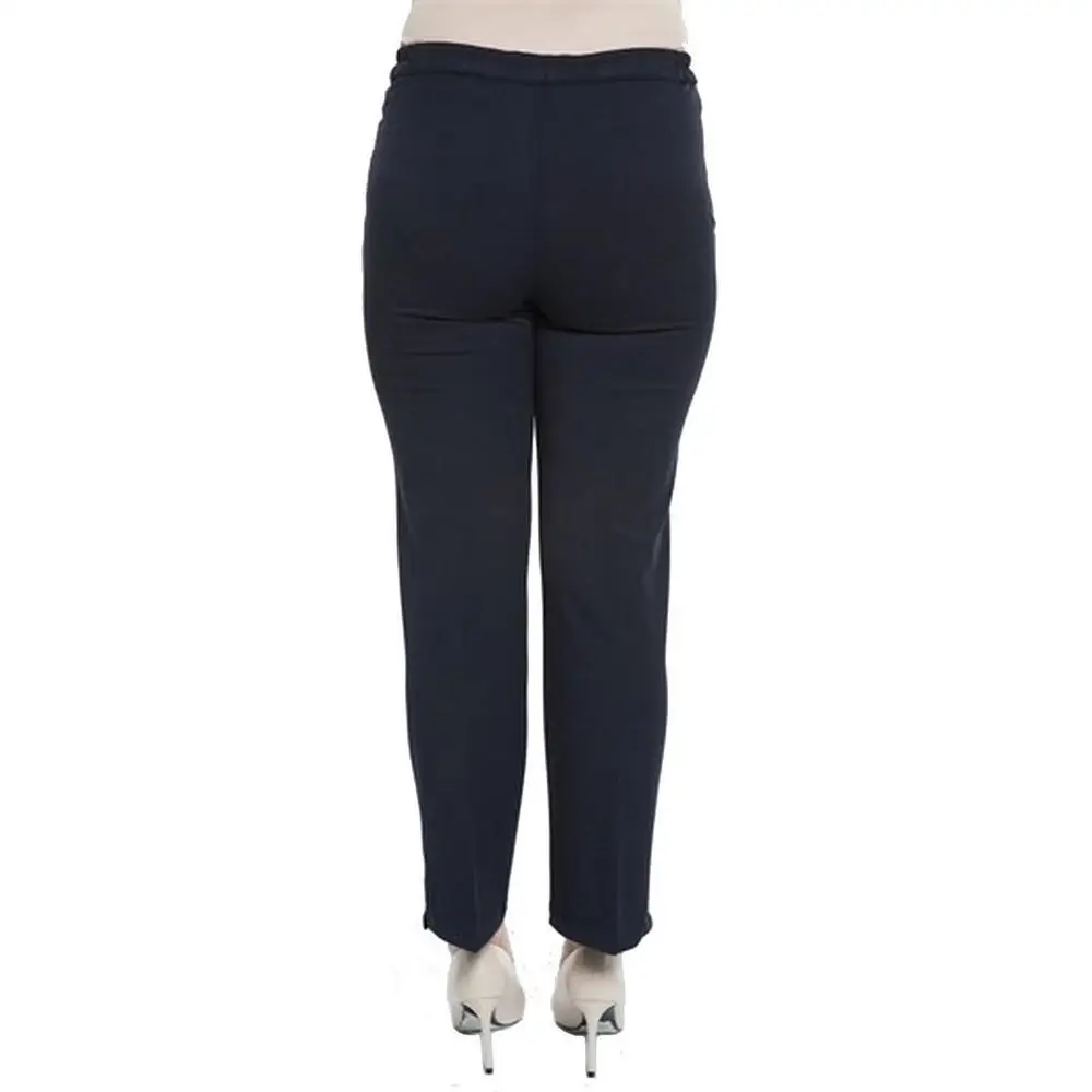 Farif women large size pants Rg1009G fabric high elastic waist flat leg gabardine zipper closure buttoned sports pocket navy blue