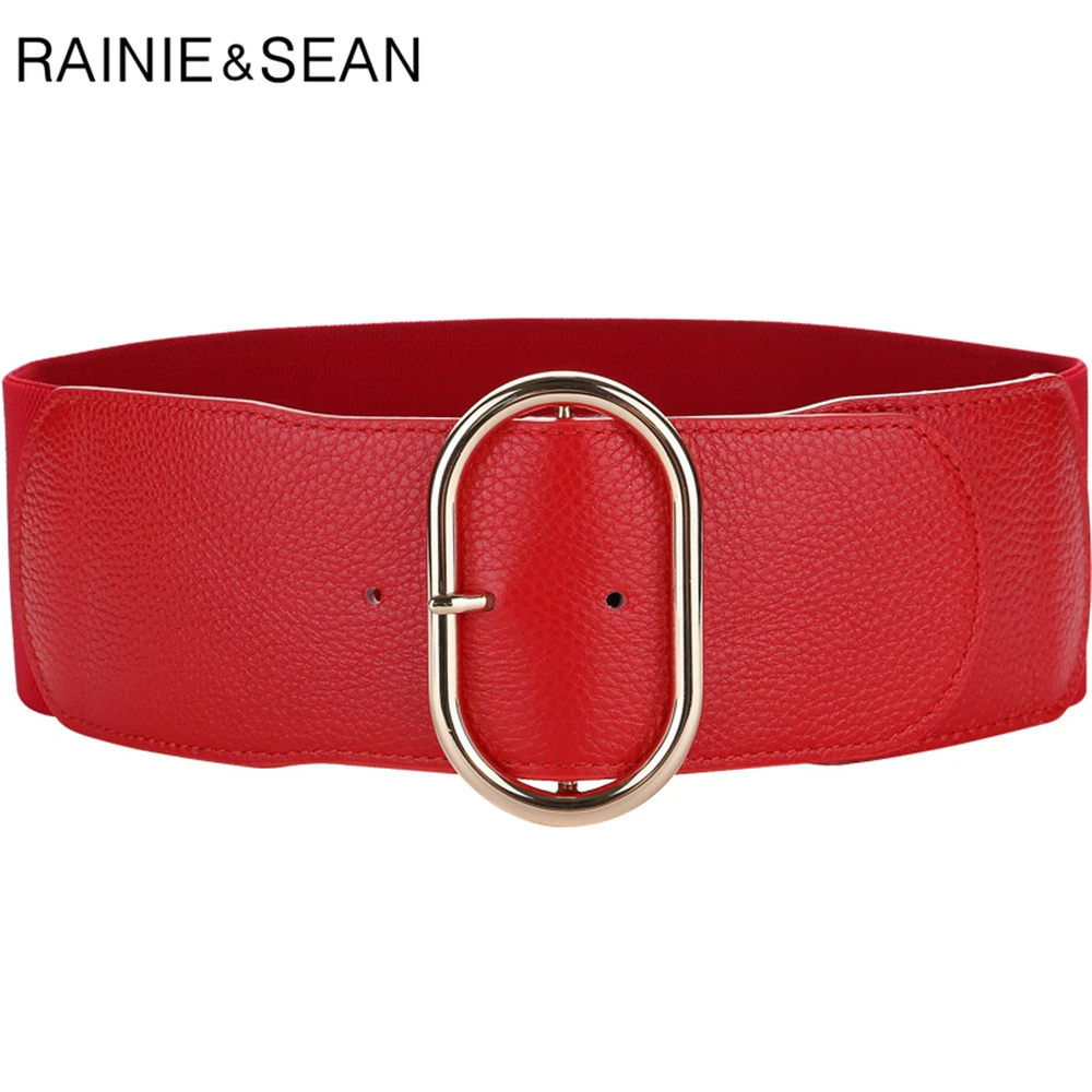 RAINIE SEAN Red Wide Waist Belt Genuine Leather Cummerbunds for Women First Layer Cowskin Women Belt for Dress Accessories