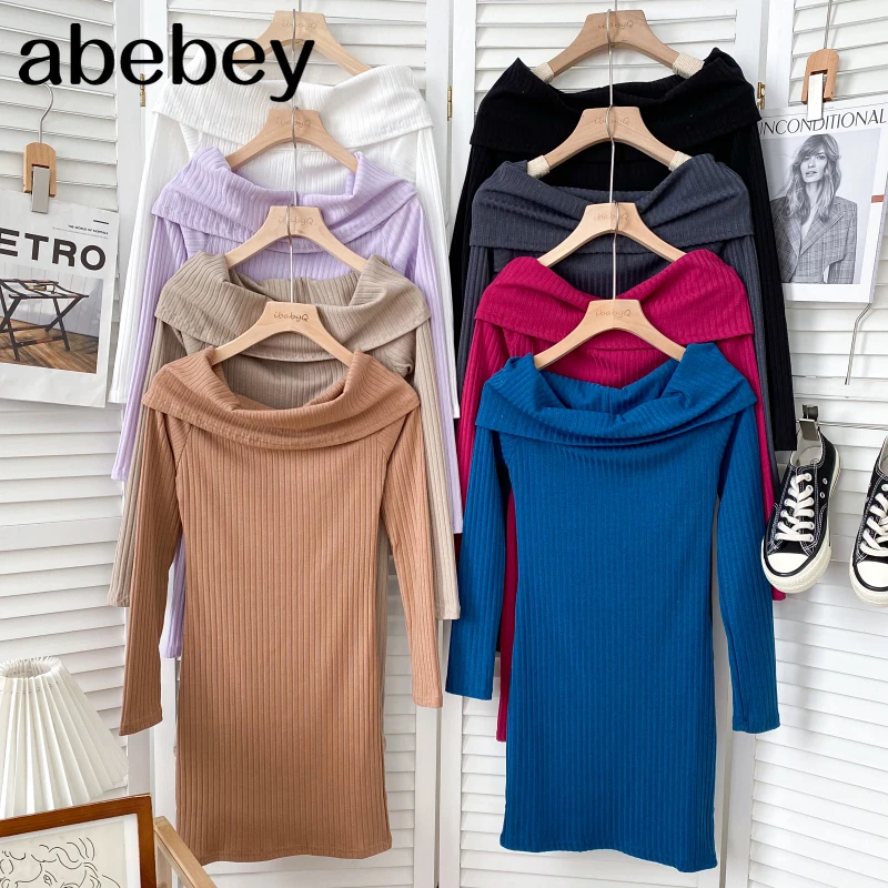 

Женское платье с воротником-лодочкой, короткое однотонное платье с длинным рукавом, отложным воротником и открытыми плечами, с высокой тали...