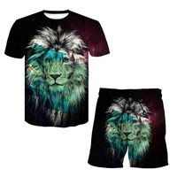 2022 new summer mens tracksuit casual short sleeve animal print lion 2 pieces high quality essentials breathable oversizedset