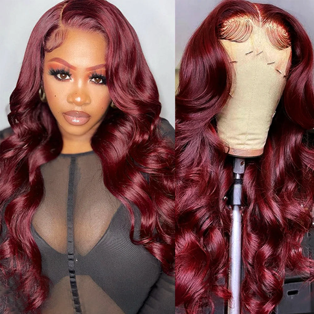 

99J бордовый парик, синтетические кружевные передние парики для женщин 13X4 T, часть волны тела, без клея, предварительно выщипанные волосы из д...