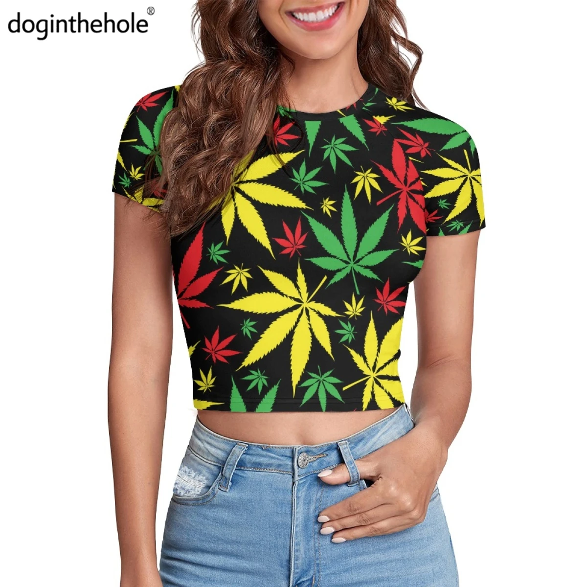 

Doginthehole 3D Weed Leaves Print Tight T-shirts for Women High Strecth Crop Tee Top Breathable Teen Girls T-Shirts camisetas