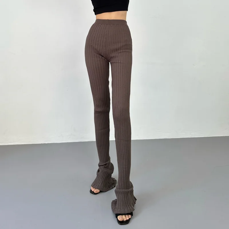 

INS blogger's horseshoe TVVOVVIN knitted pants women's autumn and winter new vertical pit strip slim fashion pants RZGC