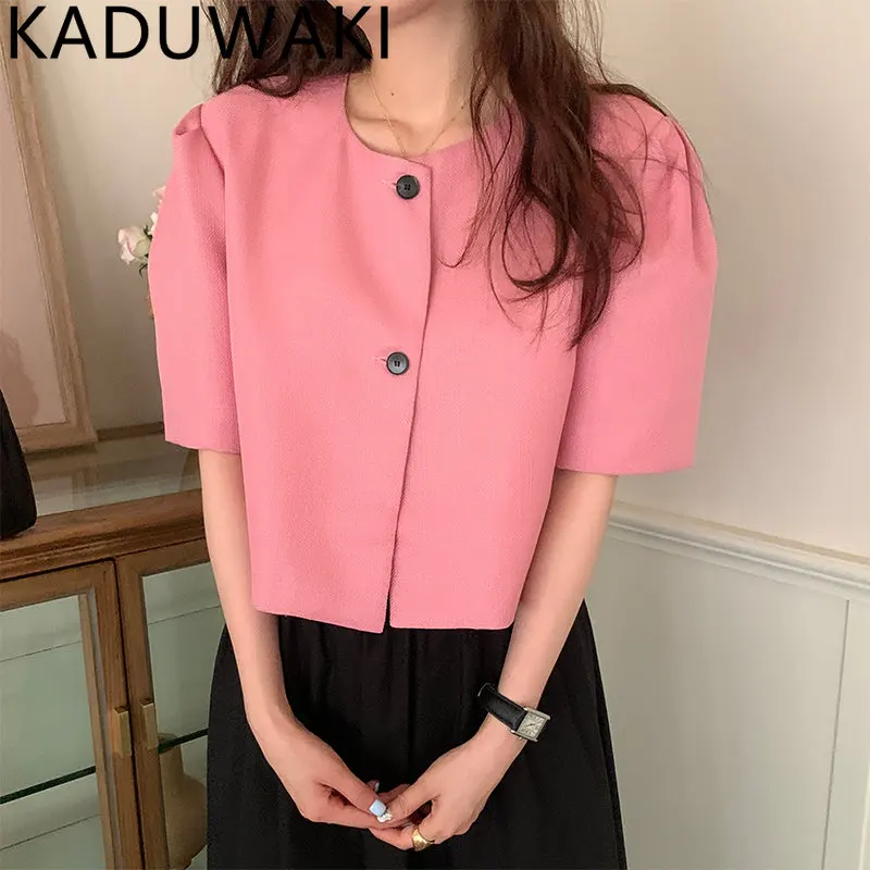 

Korean Soild Outwear Short Sleeve Women Two Button Coat Summer Thin Fashion Leisure Design Loose Elegant Chic Tops 2023 New