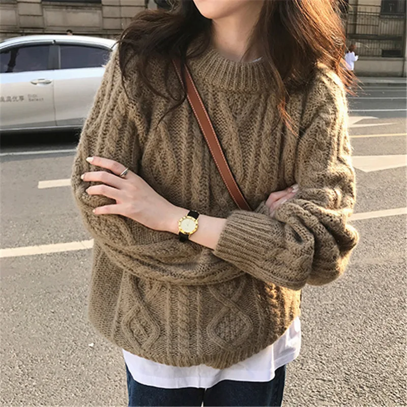 

Sweater Female Autumn Winter Hemp Loose Thick Streetwear Knit Sweater Coat Korean Outer Wear Pullover Jumper