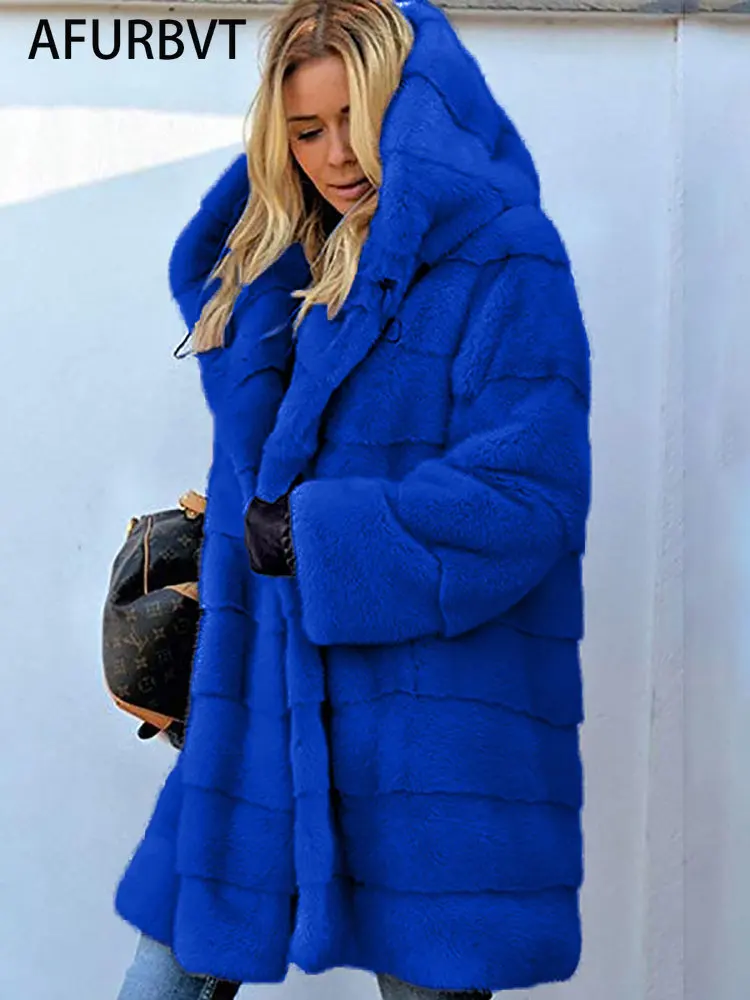 Winter Women High Quality Faux Rabbit Fur Coat Luxury Long Fur Coat Loose Lapel OverCoat Thick Warm Female Plush Coats Black