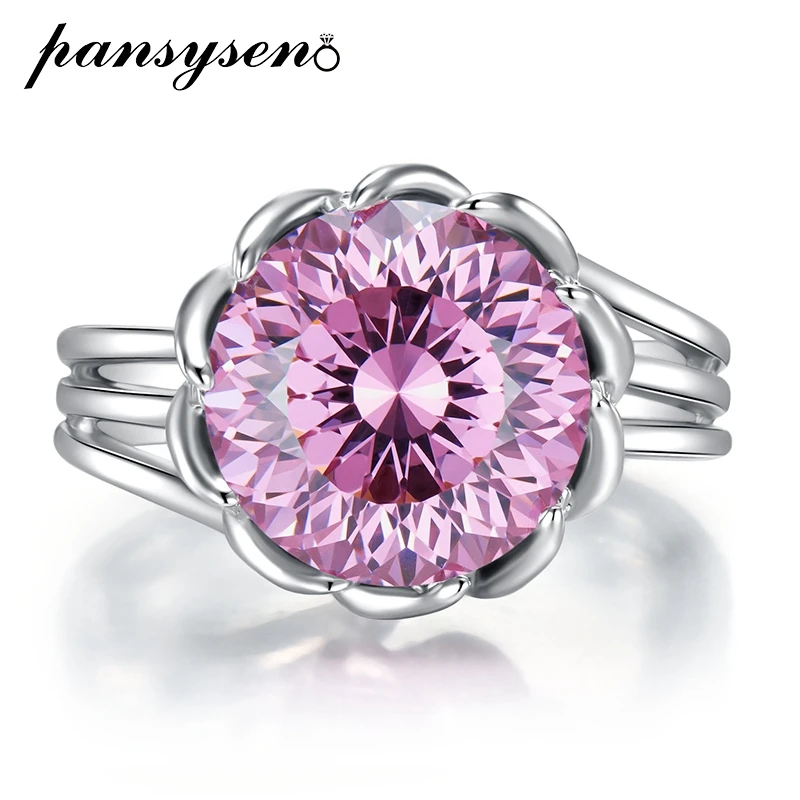 

PANSYSEN Romantic 925 Sterling Silver Round Cut Pink Sapphite Emrald Diamond Wedding Engagement Rings for Women Gift Wholesale