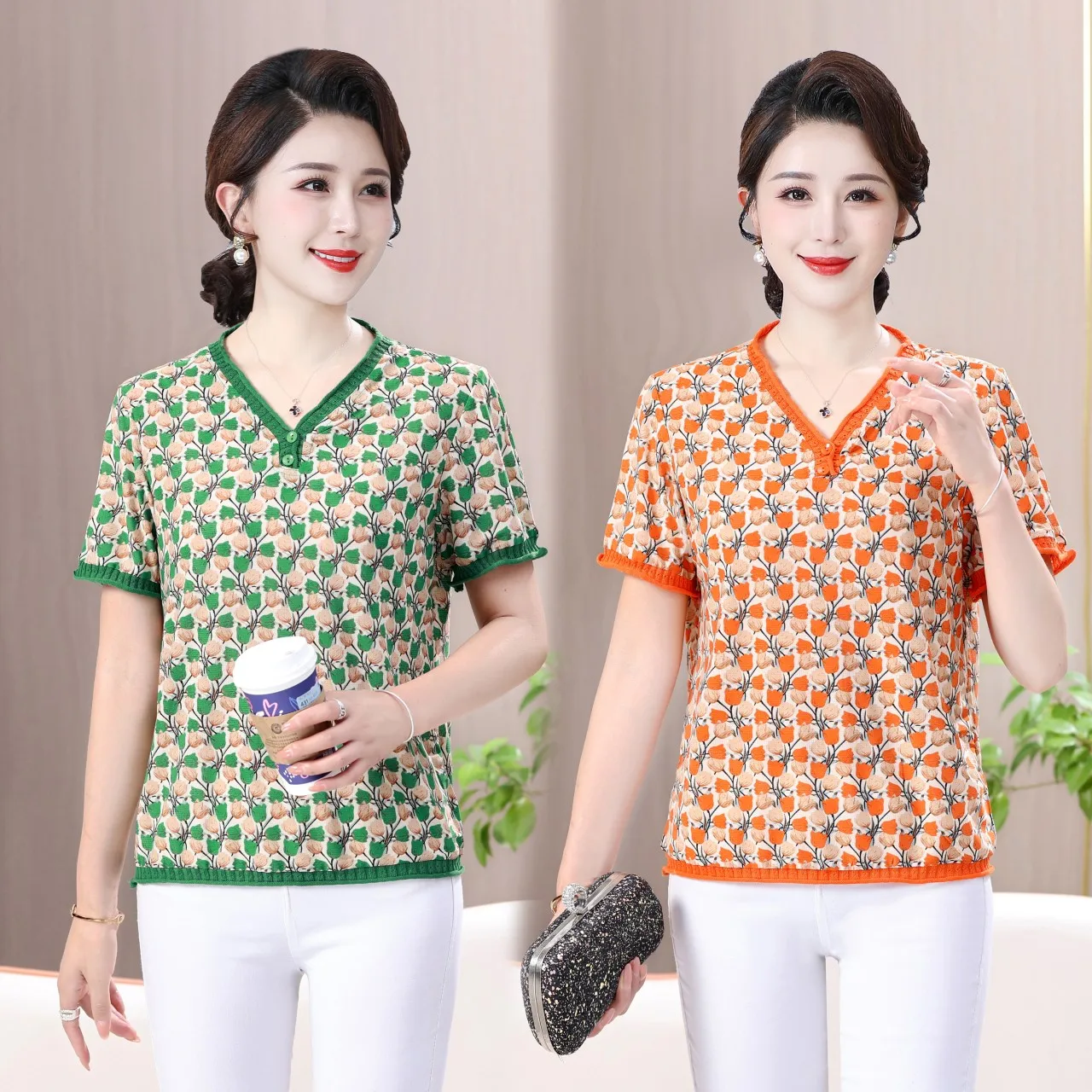 

Casual Printed V-Neck T-shirt Womens Clothing Fashion Spring Vintage Summer mom Long Sleeve Pullovers Tops