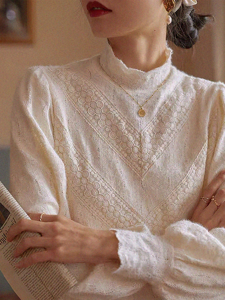 

French Lace Blouses 2022 Woman Vintage Stand-up Collar Long Lantern Sleeve Shirts Hauts Femme Autumn Elegant Casual Chemises