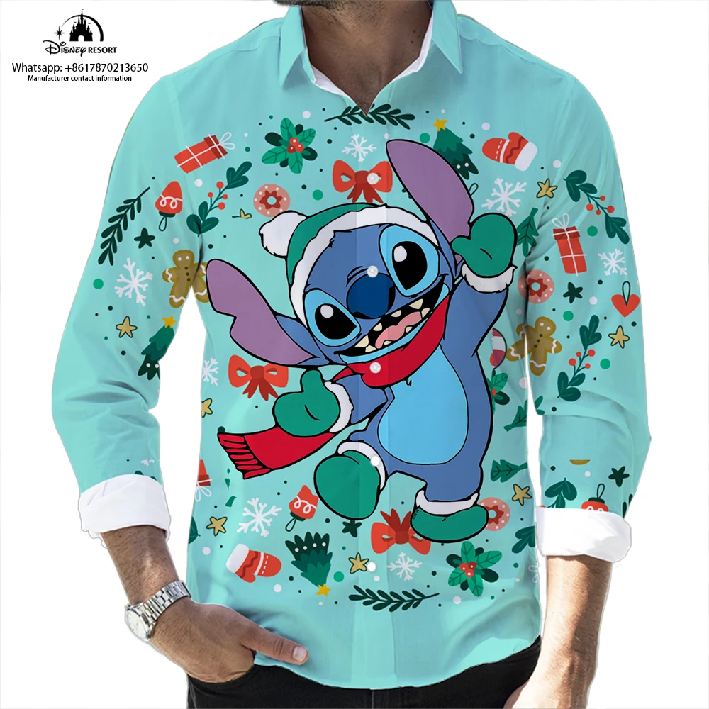 

Stitch Anime Christmas New 2022 Autumn Best Selling Disney Casual 3D Color Printing Long Sleeve Lapel Shirt Slim Fit Men Tops