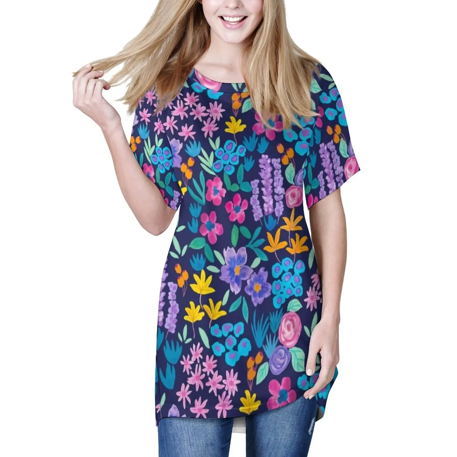 

Bright Flowers T-Shirt Vibrant Floral Pirnt Trendy T Shirts Short-Sleeve Casual Long Tshirt Summer Printed Tees Large Size