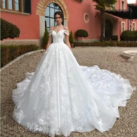 elegant cap sleeves wedding dress boat neck luxury bridal dress lace appliques tulle princess ball gown lace up vestido de novia