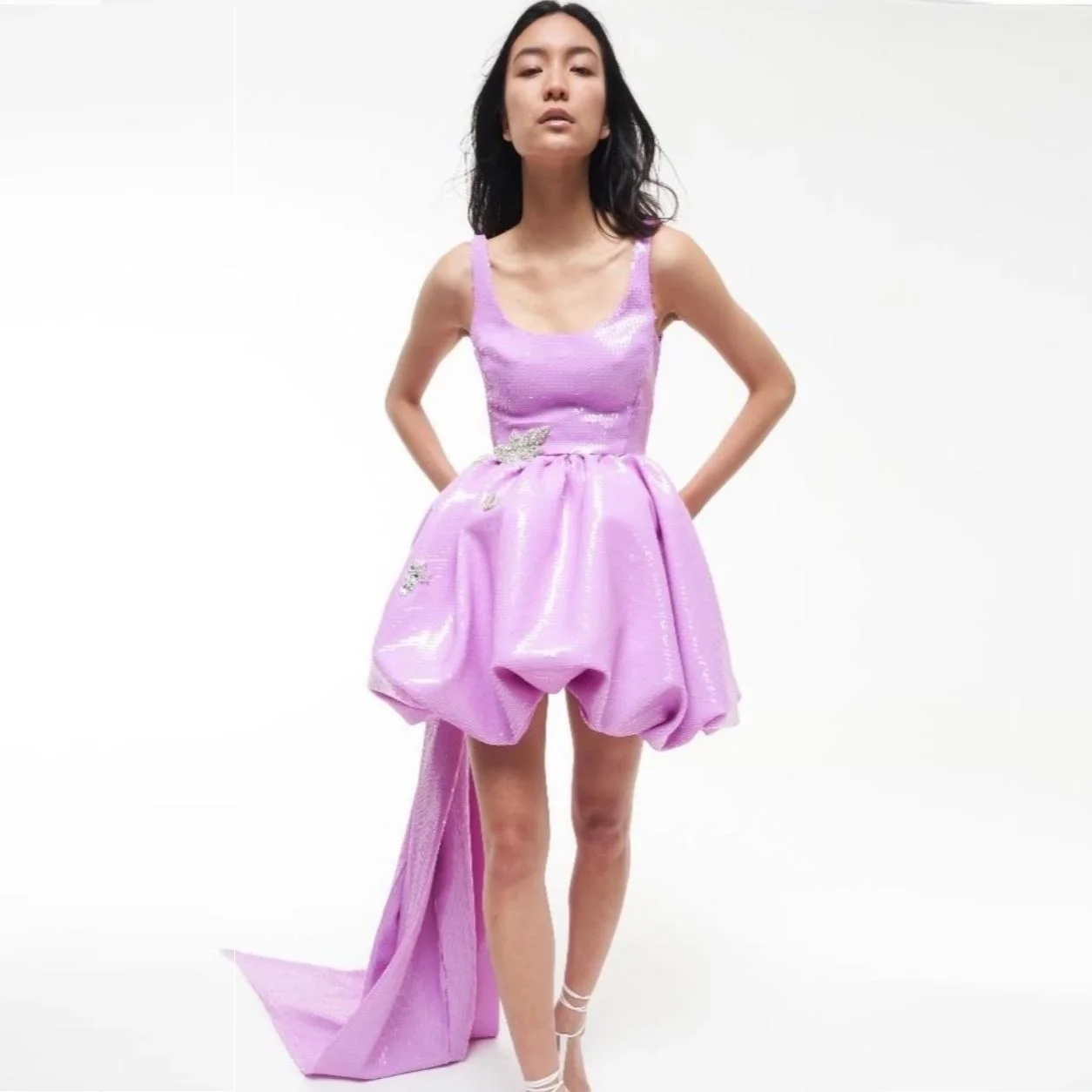 

O-neck Party Dress Open Back Women Clothing With Zipper Light Purple Cocktail Dresses For Woman Crystaks Beaded Dress With Train