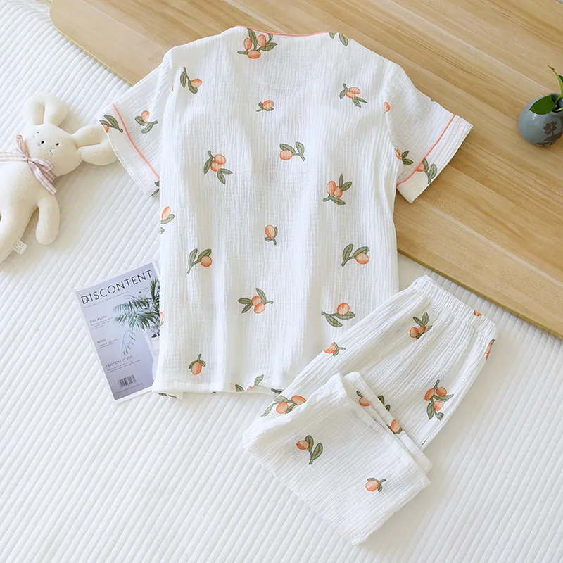 V-neck Pajama Set Women Pyjamas Loungewear Short-sleeved Cropped Pants Mom Soft Crepe Chest Pad Summer Thin Homewear Sleepwear