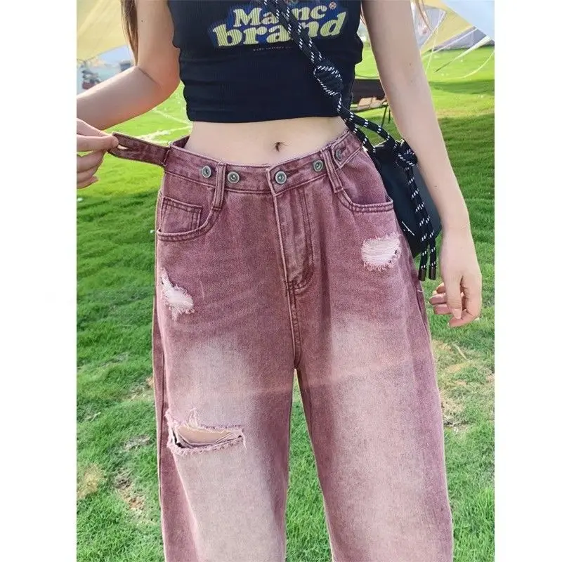 Streetwear Vintage High Waist Female HOLE Denim Trousers Summer New Fashion Loose Distressed Wide Leg Pants Women's Clothing